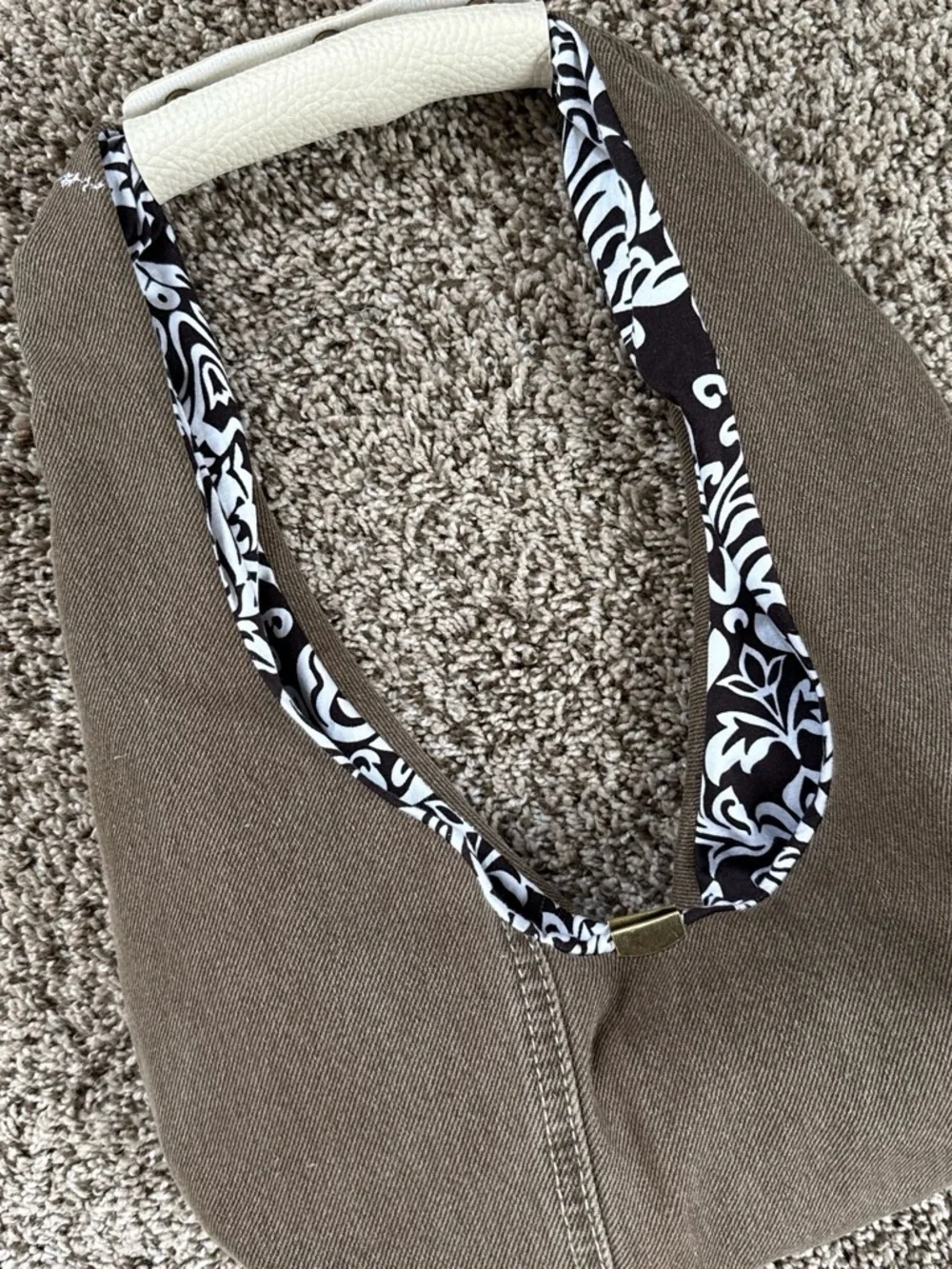 Brown Denim Shoulder Bag with Cream Accent & Patterned Lining
